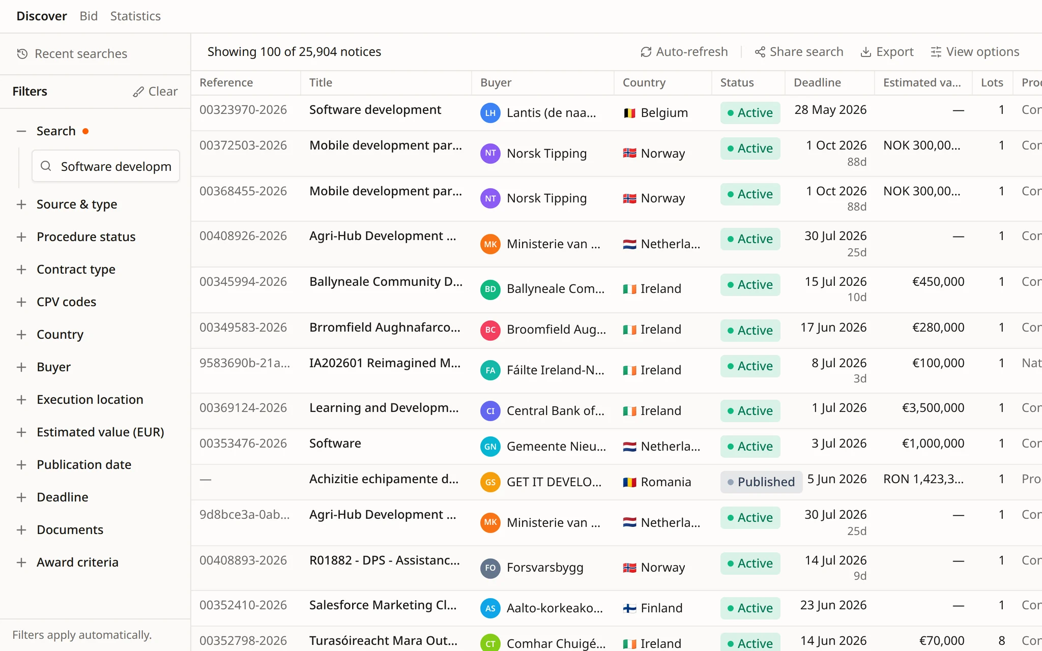 Tendersight tender search with filters and results