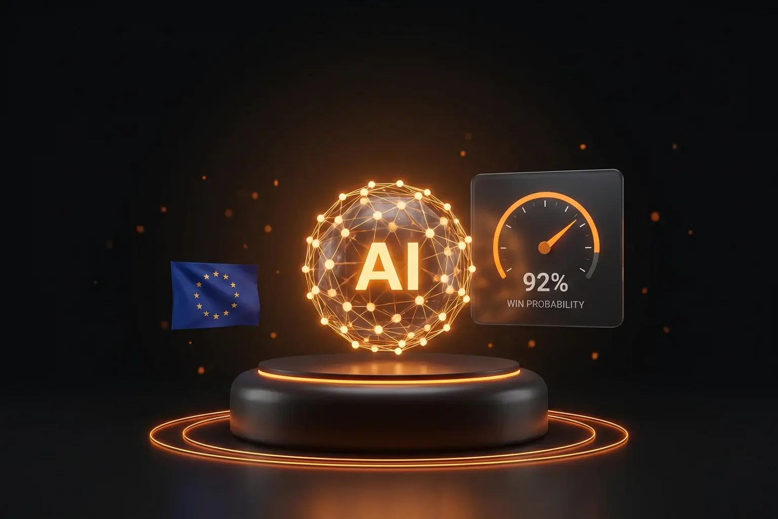 Dark 3D command-center illustration of a glowing AI core on a podium with a bid win-probability gauge