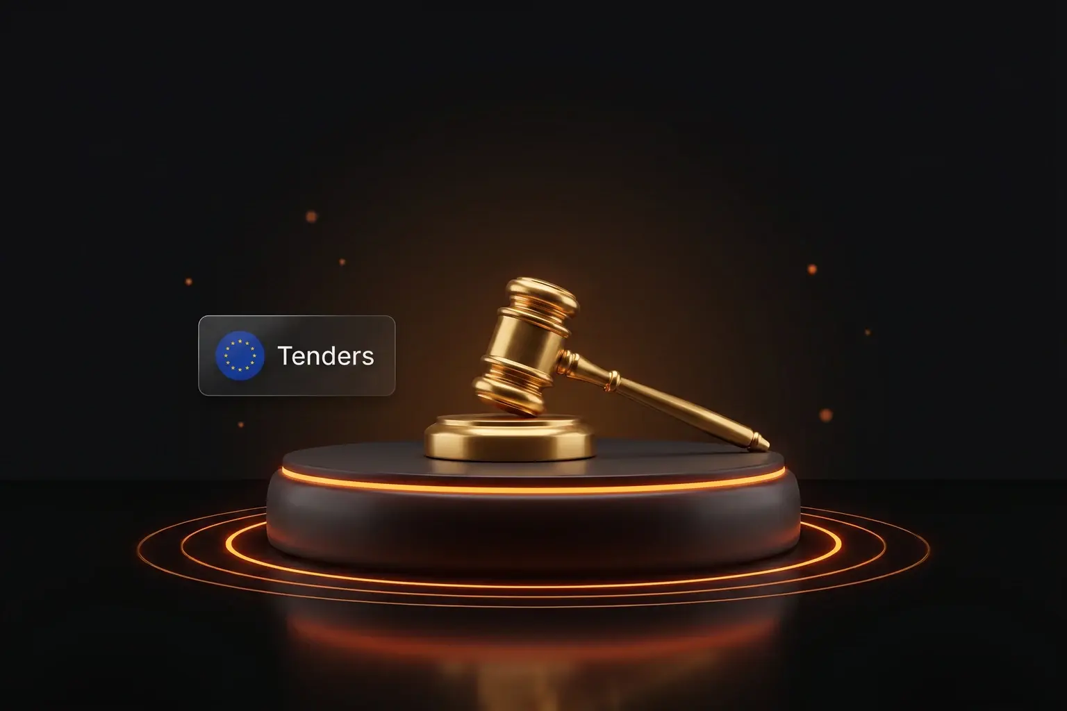 Dark 3D command-center illustration of a gold gavel on a podium with an EU tenders tile