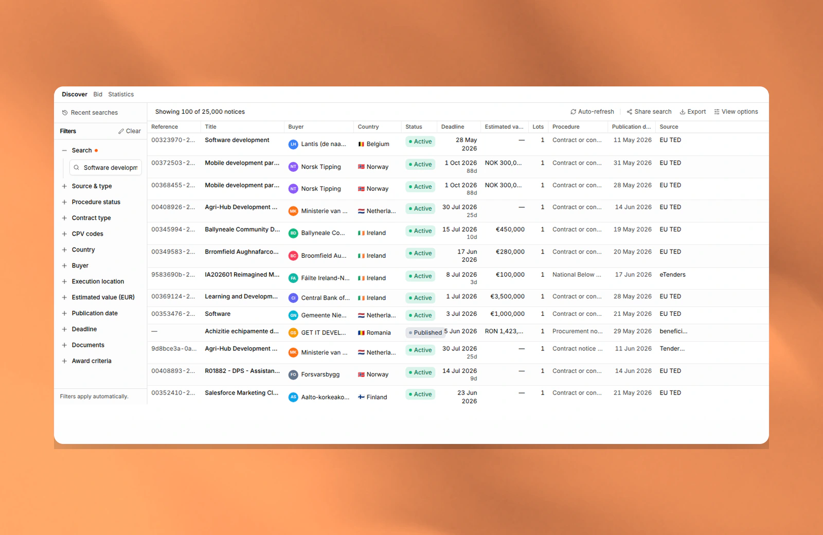 Tendersight Leads search results and filters