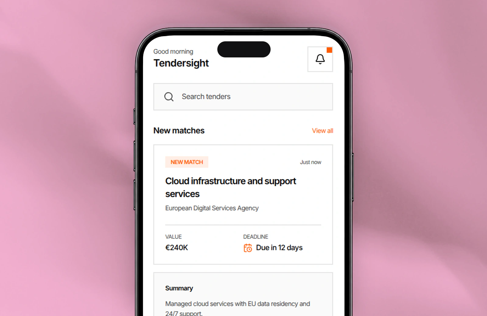 Náhled odpovídající zakázky v Tendersight Mobile