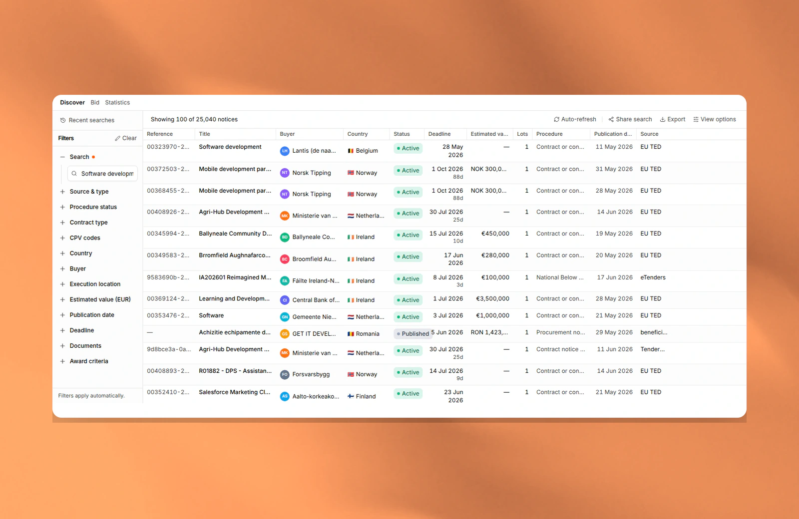 Tender search and filtering in Tendersight Platform